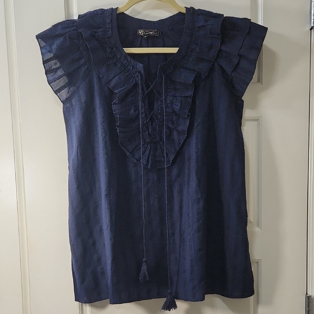 NWOT DG2 Midnight Blue Ruffled Blouse - Small